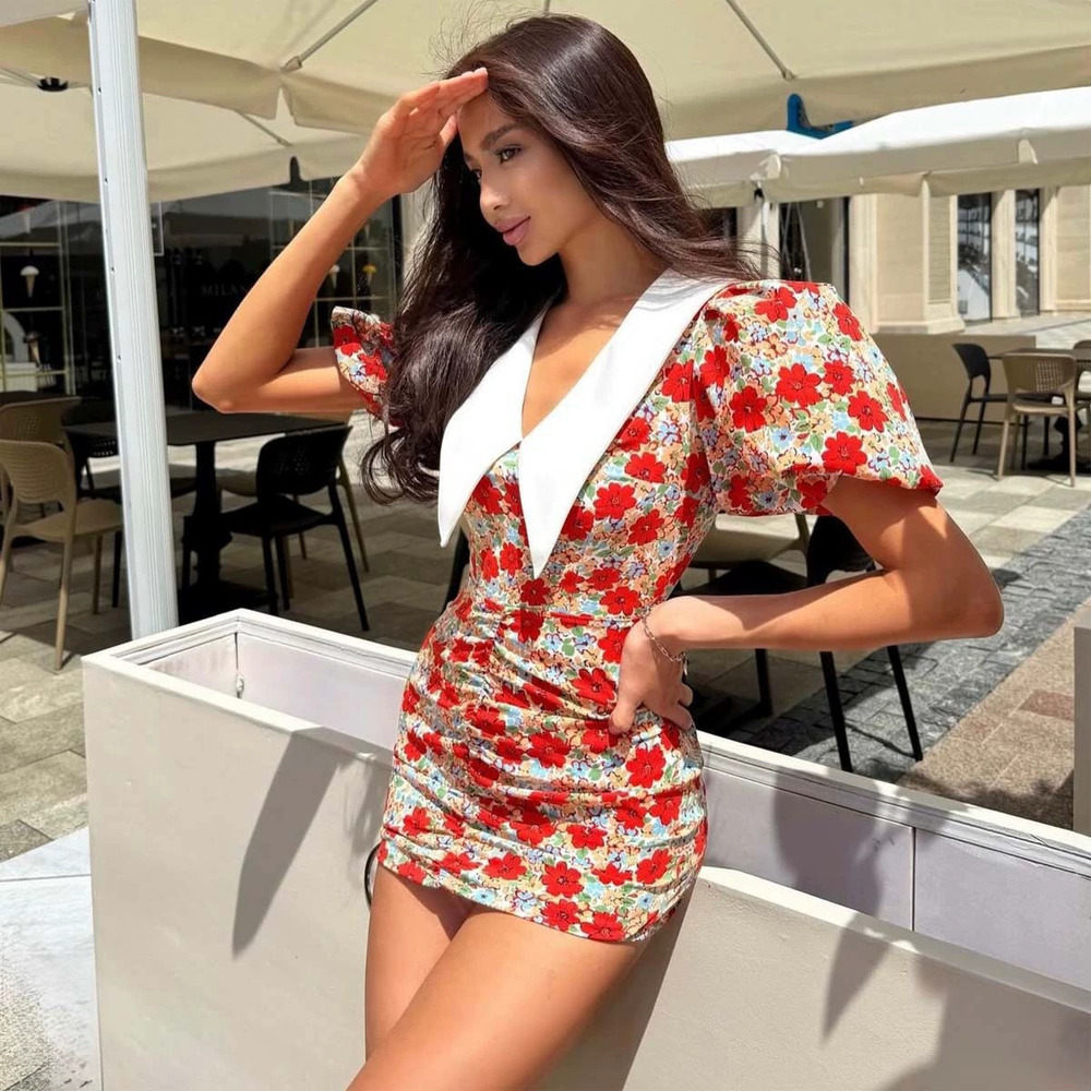 Forever 21 Print Puff Sleeve Fitted Waist Bodycon Mini Dress